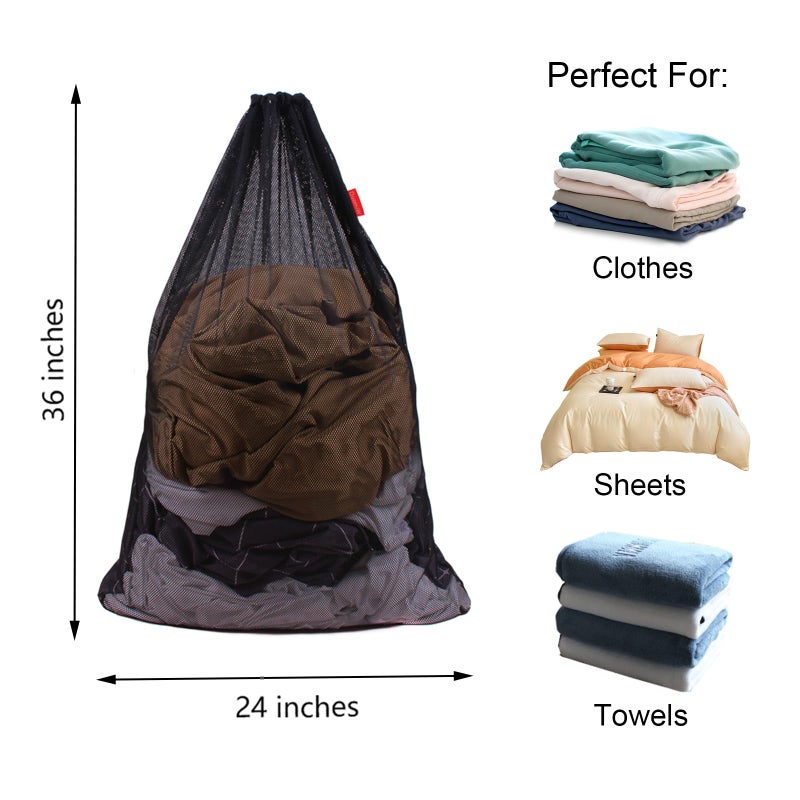 DuomiW 2 Pack Mesh Laundry Bags, 24 x 36 Inches Heavy Duty Drawstring Bag, Factories, College, Dorm, Travel and Apartment Dwellers, Black - Image 2